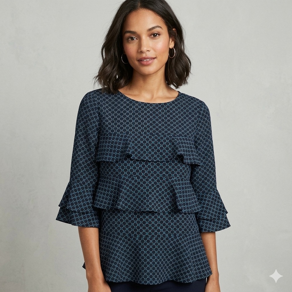 Ann Taylor Polka Dot Tiered Blouse Blue & Black 3/4 Sleeve - Size M